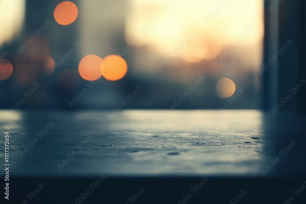 Poster a blurred view of a surface with soft bokeh lights in the background, suggesting a serene atmosphere