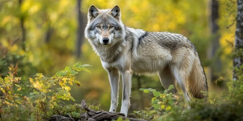 Fototapeta premium Gray wolf Canis lupus illuminated by summer light in a woodland. This captivating gray wolf showcases its beauty in its natural habitat, surrounded by the vibrant splendor of the forest.