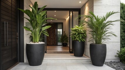 Fototapeta premium Dramatic oversized potted plants in matte black containers add vibrant greenery introducing a natural element that contrasts beautifully with the raw materials of the entryway.