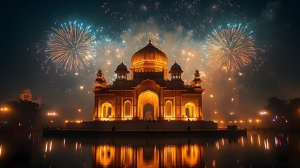 Fototapeta premium Fireworks illuminating the night sky above a national monument to commemorate Republic Day pride