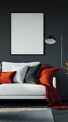 Modern living room with a mockup blank picture frame on dark grey wall
