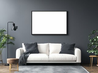 Modern living room with a mockup blank picture frame on dark grey wall
