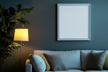 Modern living room with a mockup blank picture frame on dark grey wall
