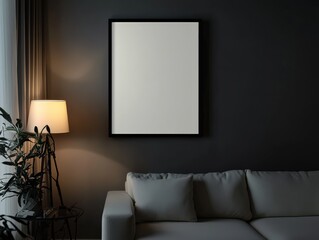 Modern living room with a mockup blank picture frame on dark grey wall
