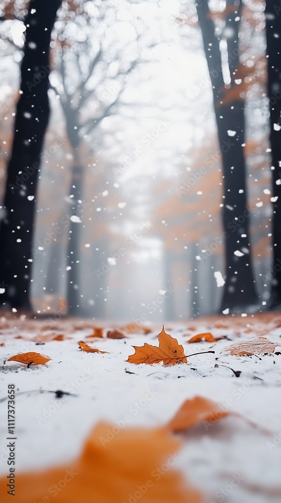 Poster serene winter forest path with falling snow and autumn leaves in scenic mist : generative ai