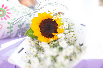 Yellow sunflowers arranged in a bouquet close-up photo