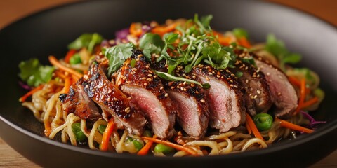 Fototapeta premium Slices of duck breast paired with noodles, fresh vegetables, and crunchy bamboo shoots create a delicious and visually appealing dish that highlights the flavors of duck breast uniquely.