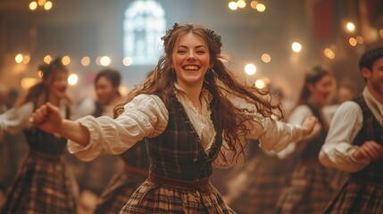 A traditional Scottish ceilidh dance being performed at a Burns Night party, with lively music and energetic movements