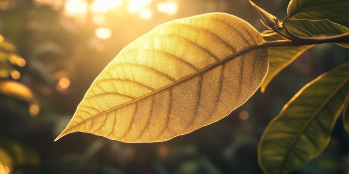 Bo leaf glowing in sunlight, showcasing the intricate details of the bothi leaf in its natural setting. This image of the bo leaf captures the beauty of nature and the vibrant light.