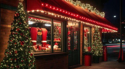 Festive fast food restaurant decorated with holiday lights for christmas evening