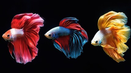 Vibrant betta fish in motion against black background for decorative aquatic art design