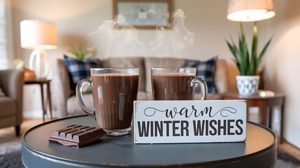 Two mugs of hot chocolate steam warm winter wishes