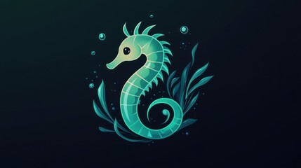 Fototapeta premium A stylized seahorse illustration with bubbles and aquatic plants in a vibrant design.