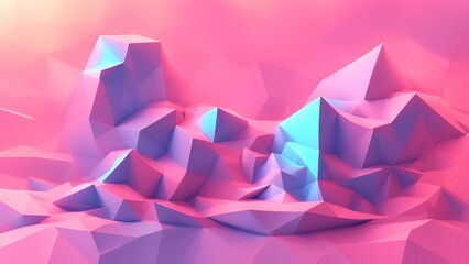 Abstract low-poly landscape in vibrant pink and blue hues.