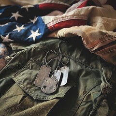 Military dog tags on a faded army jacket with an American flag.