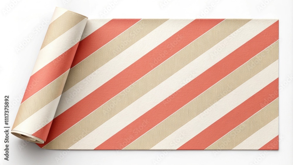 Poster wrapping paper roll partially unrolled, showcasing diagonal stripes in shades of red, white, and bei