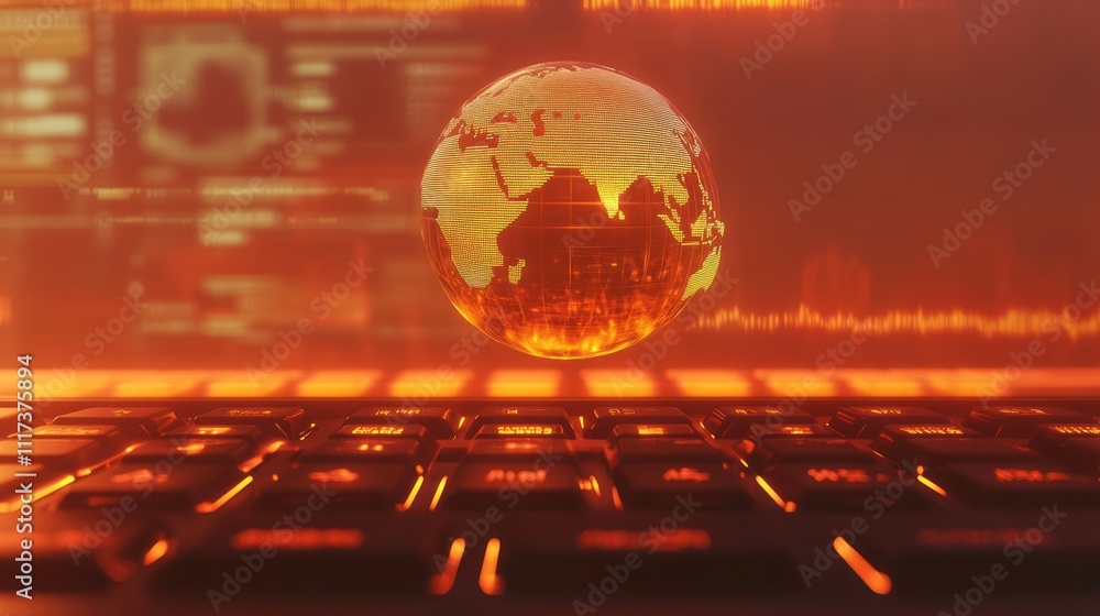 Poster global network data displayed on laptop.