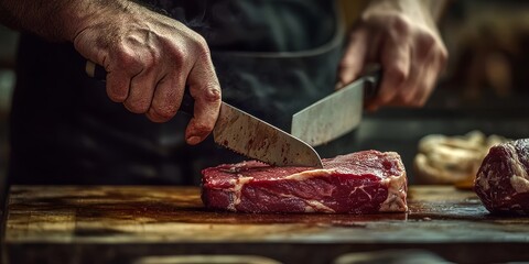 Expertly slicing and trimming meat, this butcher skillfully demonstrates the art of cutting meat with a sharp knife, showcasing the precision required in the craft of butchery.