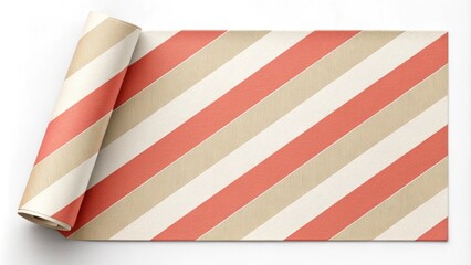 Obraz premium Wrapping paper roll partially unrolled, showcasing diagonal stripes in shades of red, white, and beige, creating a visually appealing pattern