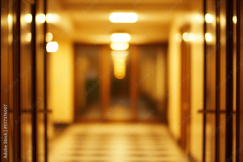 Poster a blurred corridor with warm lighting and patterned flooring creating a serene atmosphere.