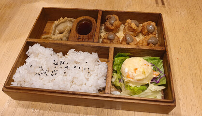 Japanese food bento set with Fried Salmon, Potato Salad, Rice and Fried Gyoza Close Up