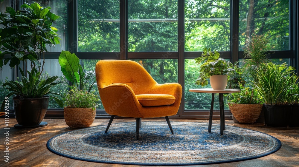 Poster a bright yellow armchair sits next to a small table in a well-lit room filled with plants. large win