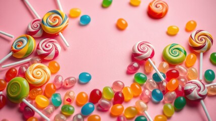 A vibrant arrangement of colorful candy lollipops and jelly beans scattered across a pink background, creating a cheerful and playful composition.