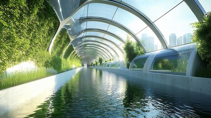 Futuristic Glass Tunnel Walkway Surrounded by Lush Greenery and Water Feature in Sustainable Urban Landscape