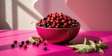 A bowl overflowing with bright red berries, accented with a few dark berries, nestled amongst green leaves on a vibrant pink surface, bathed in sunlight.