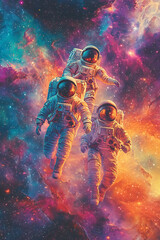 Fototapeta premium Astronauts exploring the vibrant colors of space amidst cosmic clouds and stars
