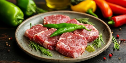 Raw meat and vibrant green peppers arranged on a plate, showcasing an appetizing combination of raw meat and fresh ingredients, perfect for culinary creations featuring raw meat.