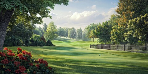 Lush trees and vibrant foliage create a stunning backdrop alongside clubs, enhancing the picturesque scene by the fence with nature s beauty and tranquility from the trees and foliage.
