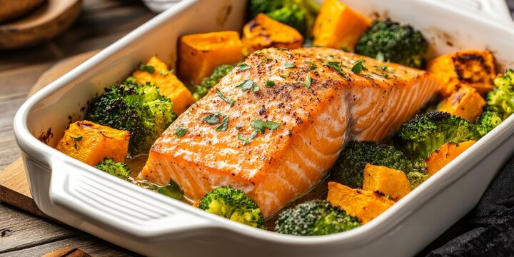 Delicious baked sockeye salmon fish fillet served with roasted sweet potato and broccoli in a beautiful enameled baking dish. This baked sockeye salmon presentation highlights the vibrant flavors.