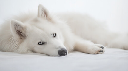 Obraz premium Cute puppy relaxing on soft bedding in cozy indoor setting capturing comfort and playfulness