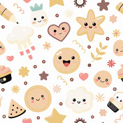 Cute kawaii seamless pattern with happy faces, stars, hearts, clouds, and food.