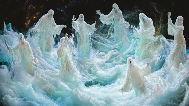Spectral figures dance amidst ethereal clouds in a cosmic scene.