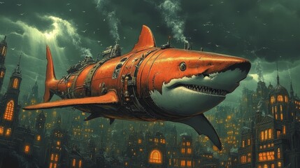Obraz premium Mechanical Shark Flying Over City
