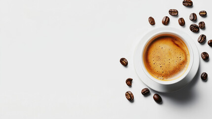 A steaming cup of espresso with frothy crema surrounded by scattered coffee beans on a white background, creating a minimalist and inviting coffee scene.