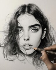 Obraz premium A hand drawing a detailed portrait of a woman with flowing hair.