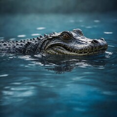 Fototapeta premium A caiman lounging in water, surrounded by a dreamy blue haze.