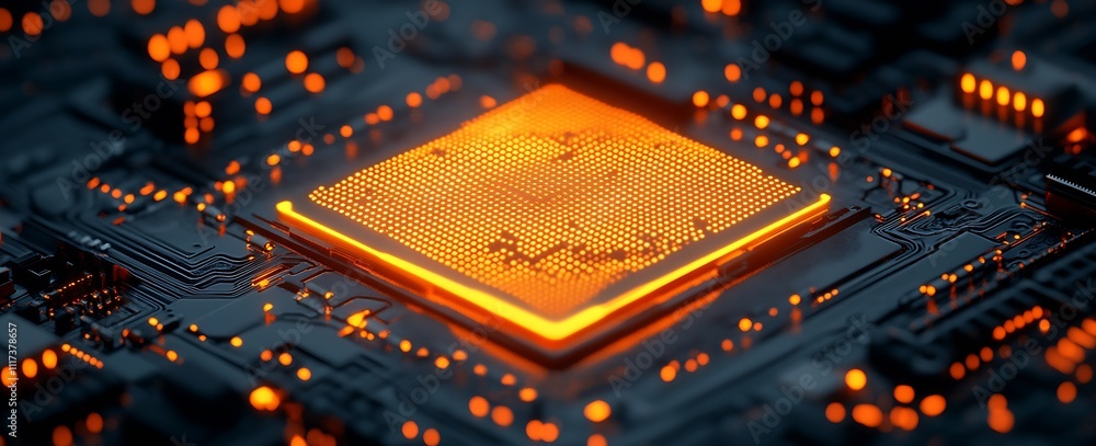 Aufkleber glowing orange microchip closeup on dark circuit board with futuristic technology theme : generative