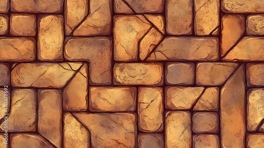 Poster pavement with interlocking textured bricks seamless pattern. vector pathway texture top view. outdoo
