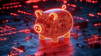 Futuristic Neon Piggy Bank with Circuit Design Representing Digital Finance and Technological Growth : Generative AI