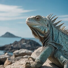 Fototapeta premium An iguana basking on a rock with soft light blue and white hues.