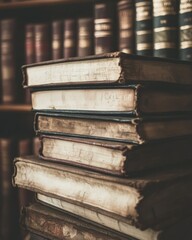 Stack of vintage, aged books in a library with a blurred background of bookshelves.