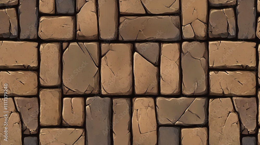 Poster pavement with interlocking textured bricks seamless pattern. vector pathway texture top view. outdoo