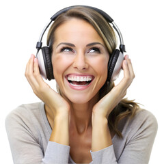 Fototapeta premium happy woman wearing headphones enjoying music on white