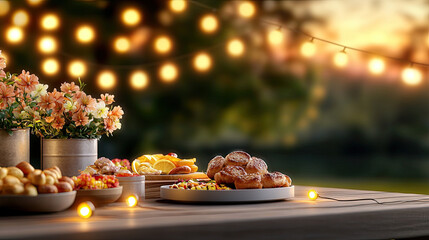 Fototapeta premium A beautifully arranged outdoor dining table with delicious treats and warm lighting.