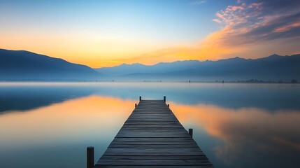 Obraz premium Scenic tranquil pier reaching into serene lake at dawn under colorful sky : Generative AI