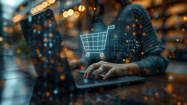 Woman shopping online on internet marketplace browsing for sale items for modern lifestyle and use credit card for online payment from wallet protected by crucial cyber security software